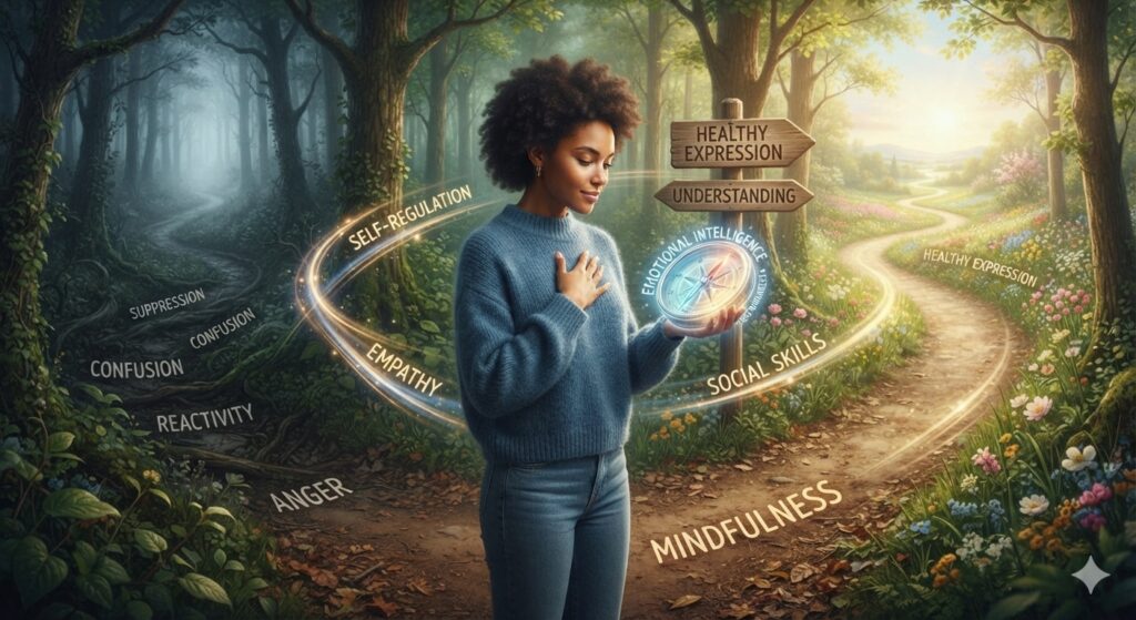 An elegant young woman with curly hair stands at a crossroads in a forest, holding a glowing compass labeled "Emotional Intelligence" that guides her toward a bright, sunlit path filled with blooming flowers. The darker, shadowed path to her left is marked with words like "Anger," "Suppression," and "Reactivity," while the vibrant path ahead features words like "Self-Regulation," "Empathy," "Mindfulness," and "Social Skills." Wooden signposts point toward "Healthy Expression" and "Understanding."